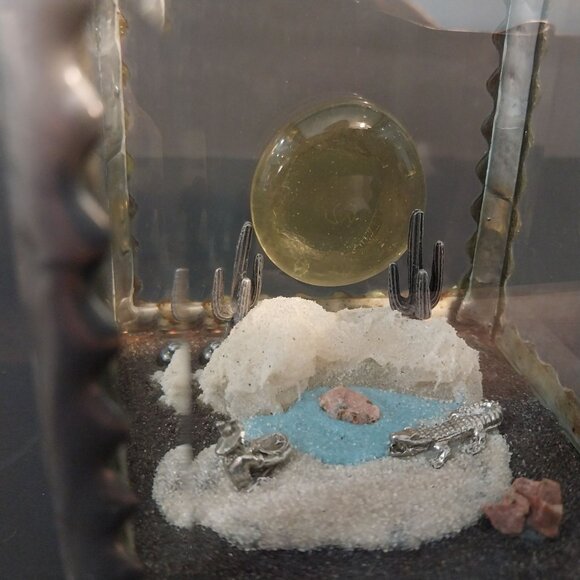 Beveled Glass And Pewter Square Diorama Gold Miner Cactus Crocodile Alligator - Picture 2 of 8